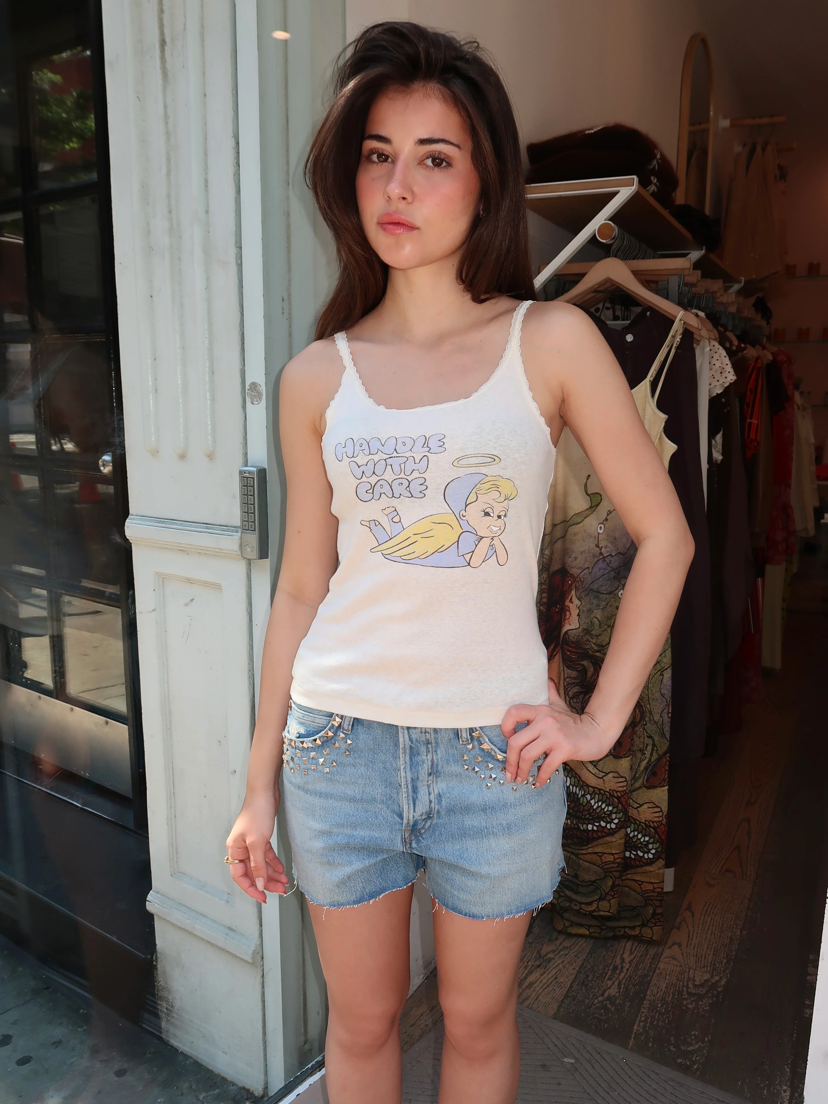 Lace Strap Tank Handle With Care in Vintage White - Image 2