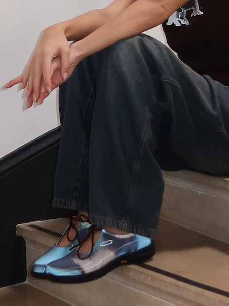Lenticular Keyhole Mary Janes in Blue Tiger Eye Calf Print - Image 2