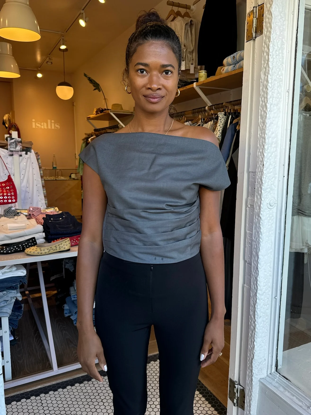 Locust Off-Shoulder Top in Charcoal - Image 4