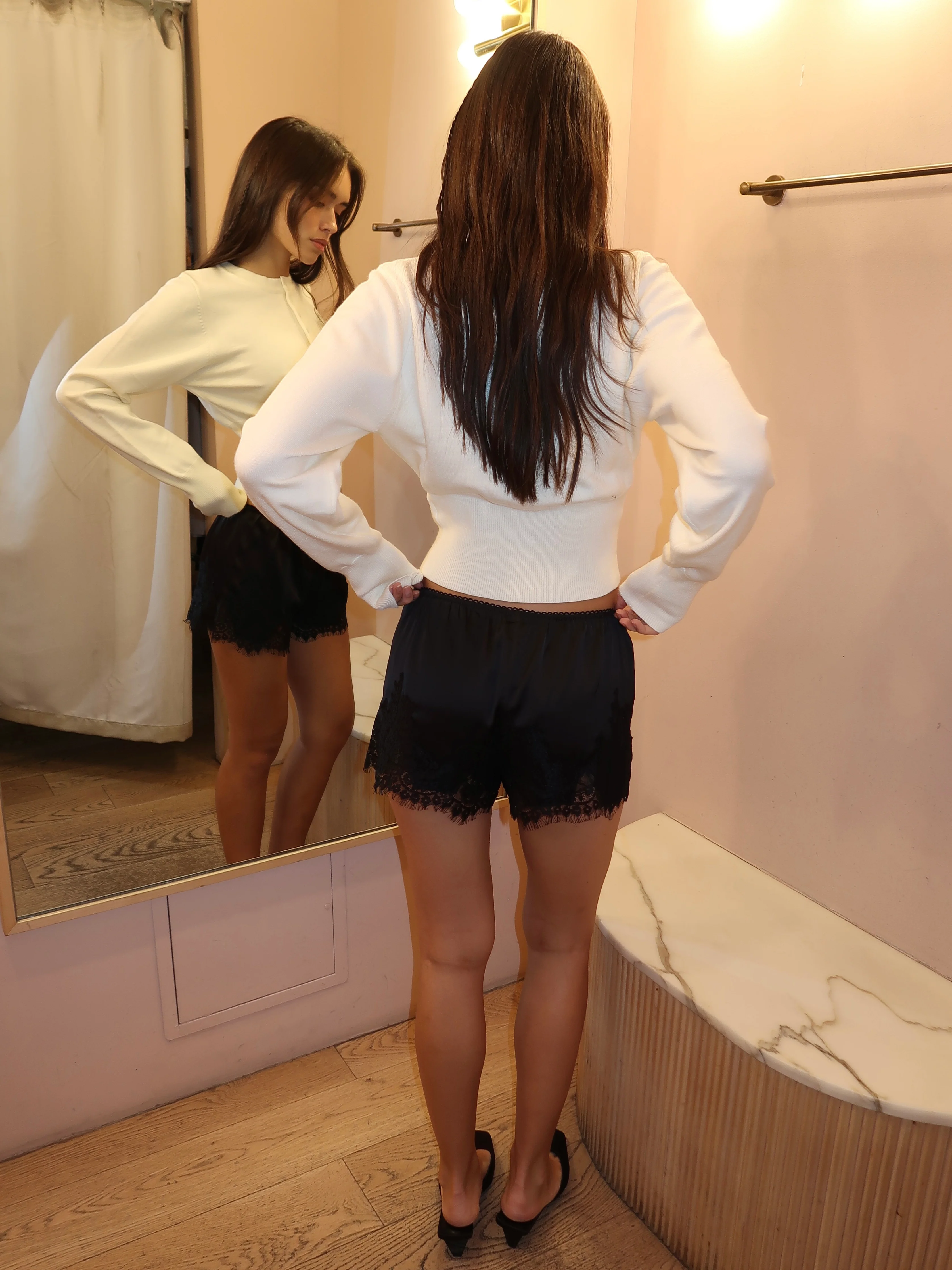 Polly Lace Trim Silky Shorts in Black - Image 3