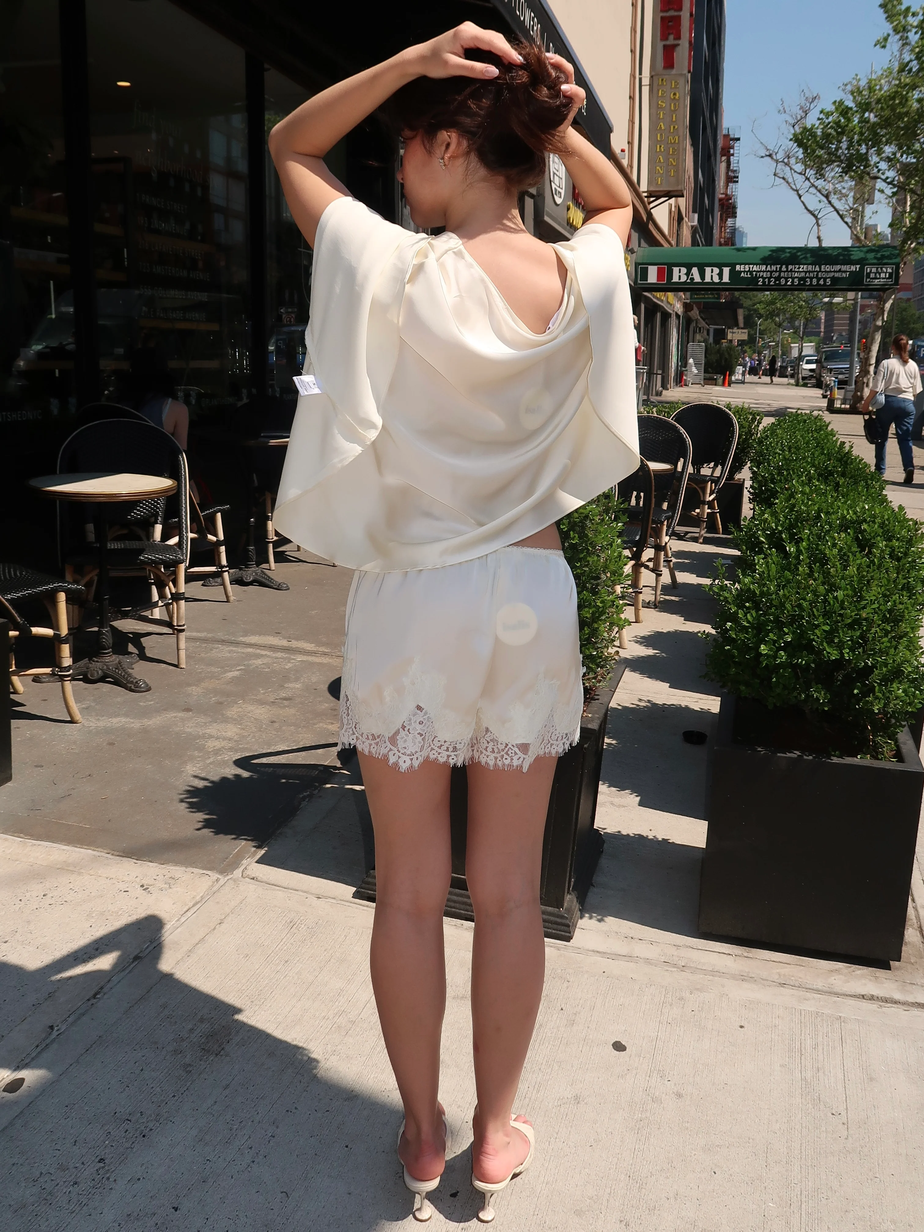 Polly Lace Trim Silky Shorts in Cream - Image 3