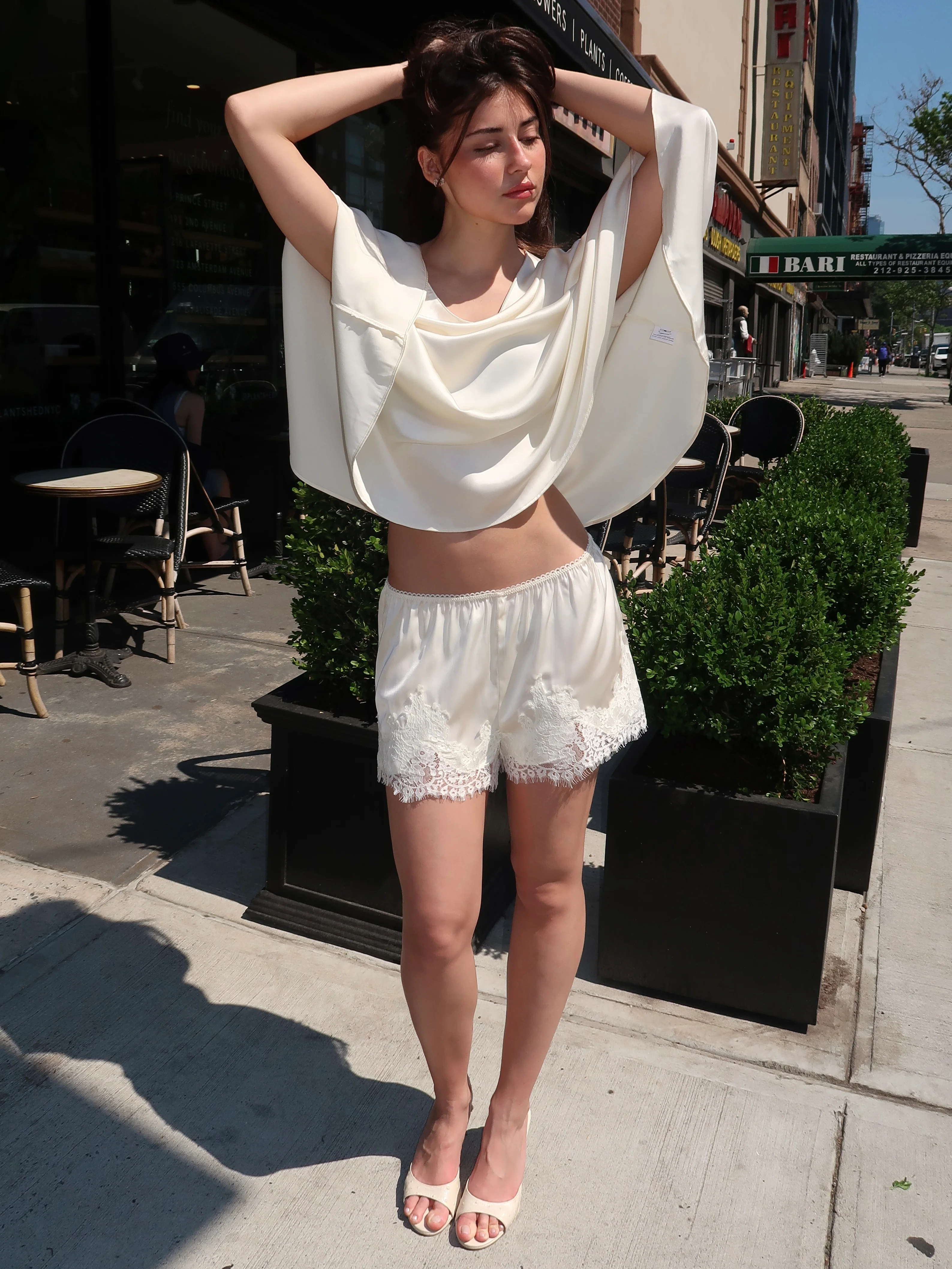 Polly Lace Trim Silky Shorts in Cream - Image 4