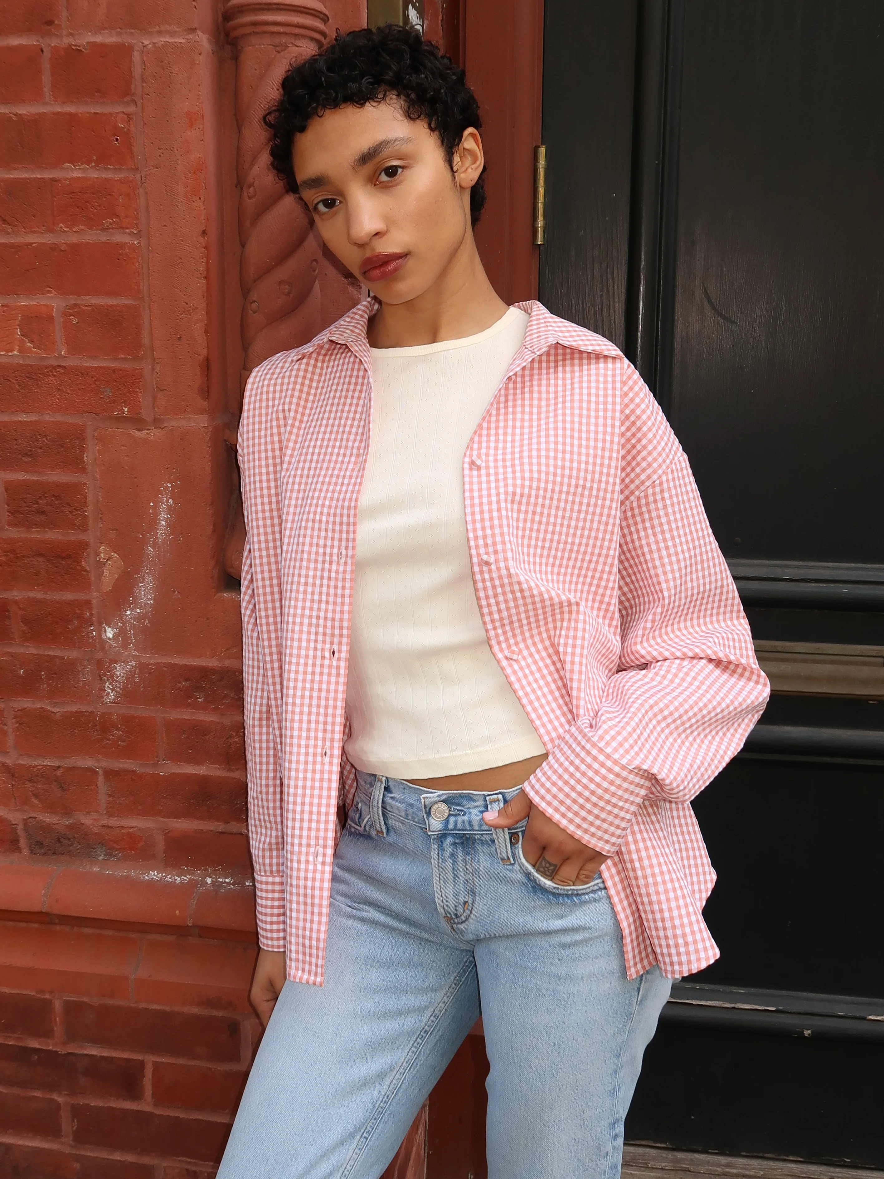 Yulissa Button Down Long Sleeve in Tomato Gingham